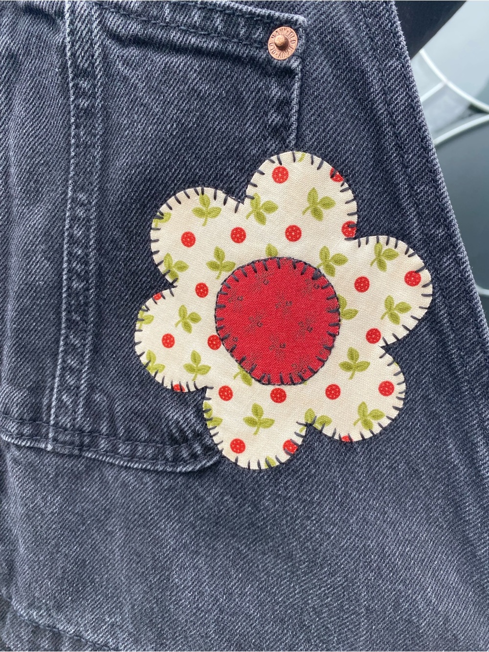 One of a kind upcycled black denim shortalls - Picture 5 of 13
